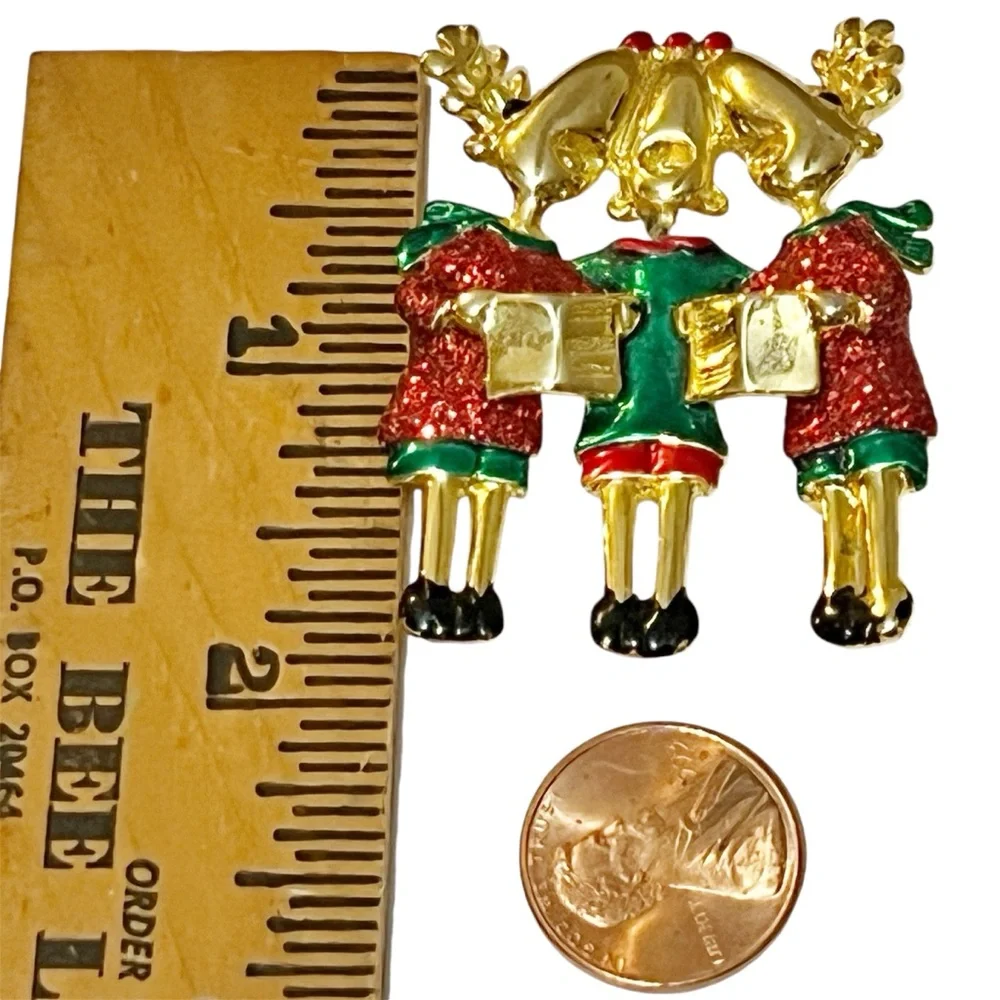 Vintage AJC Gold Tone Enamel Caroling Reindeer Christmas Brooch 2”